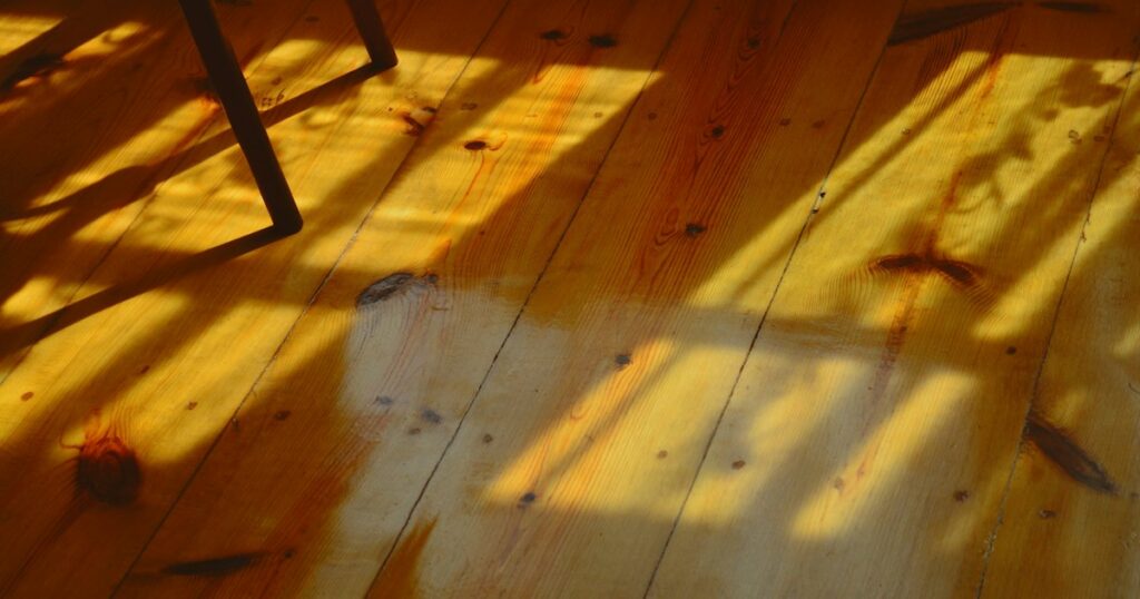 Late afternoon sunlight and window shadows falling across old pine floorboards