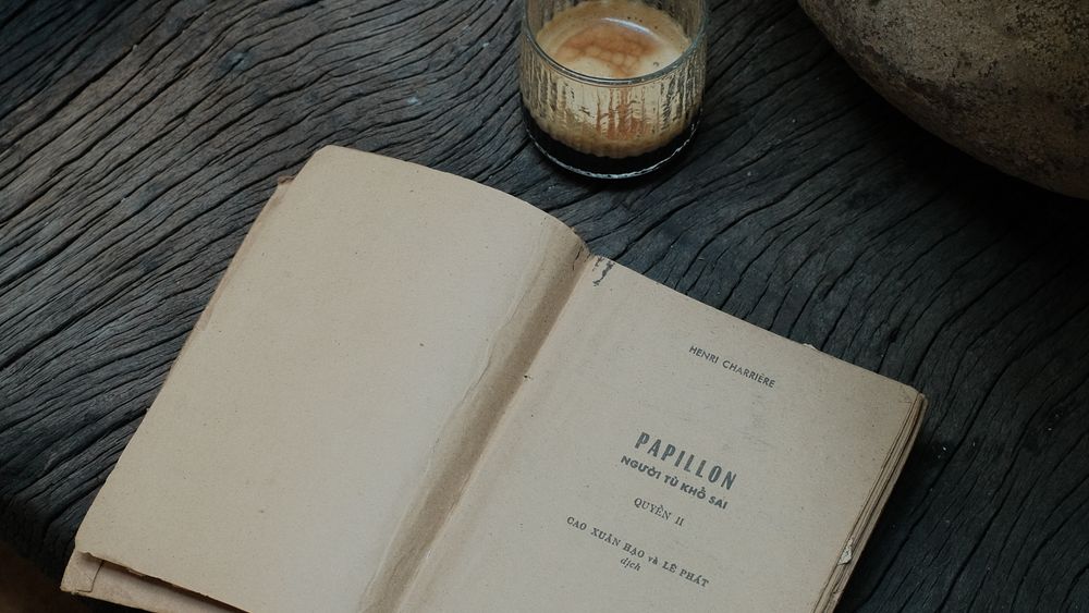 An old book lying closed beside a lit candle and a small plant on a rustic table