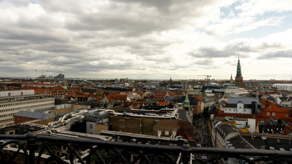 Copenhagen rooftops and spires under a pale sky, seen from above on a quiet day
