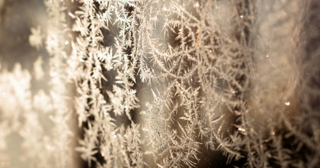 Frost crystals spreading across a window pane, lit warm from behind
