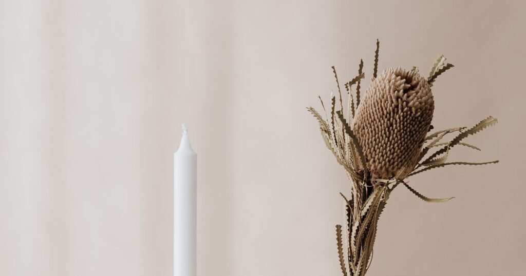 An unlit candle beside a dried flower head against a plain warm beige wall