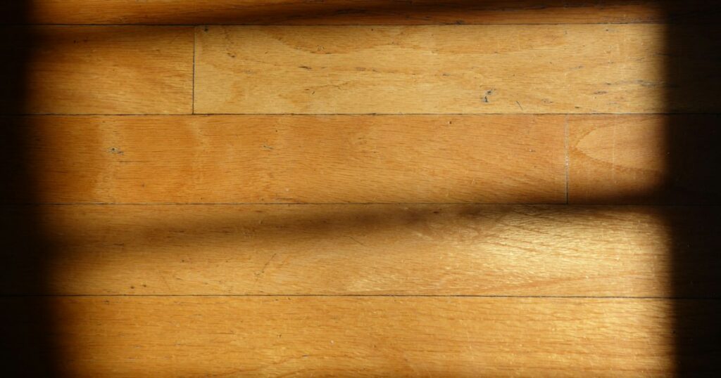 Low sun through a window casting bands of light and shadow across a worn wooden floor