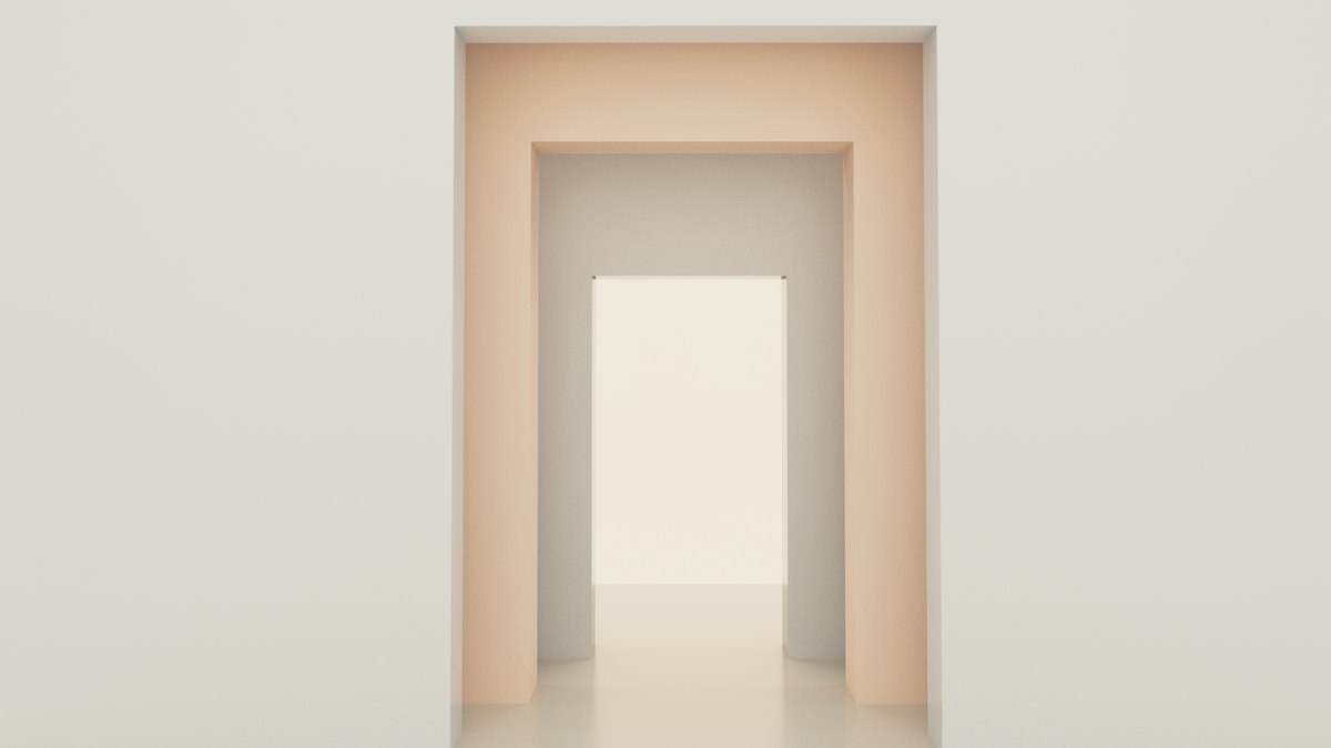 Three nested doorways in pale peach and cream, leading towards a lit opening.