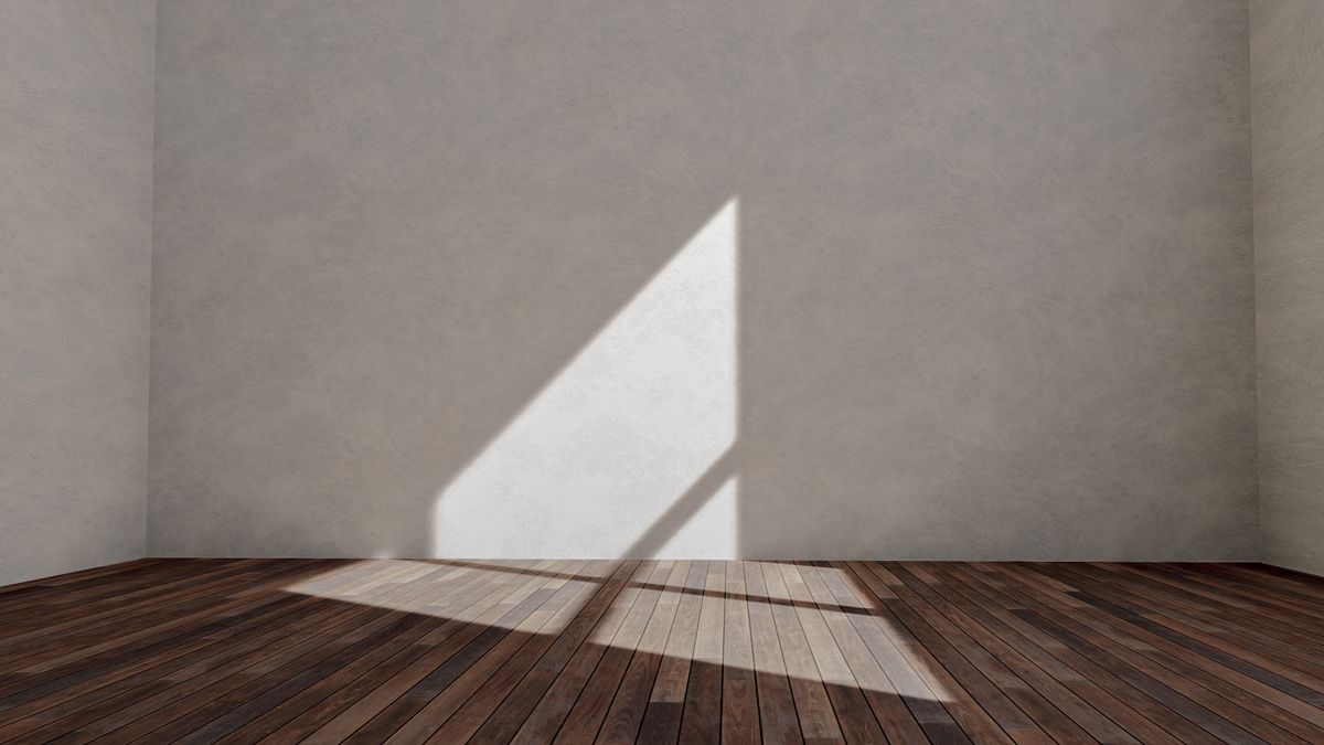 Low sunlight falling across the bare wooden floor and plain wall of an empty room
