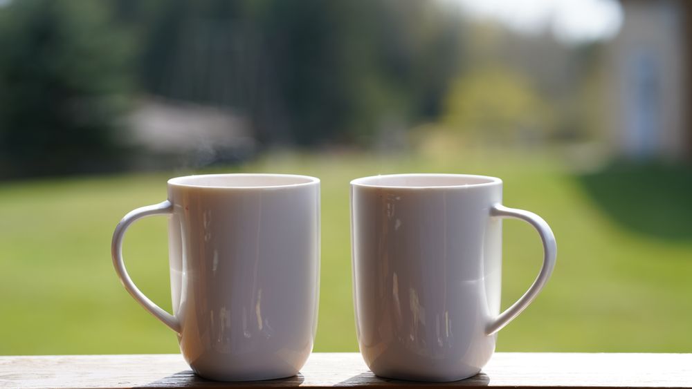 Two white mugs standing side by side on a wooden ledge, with a soft green garden out of focus behind them