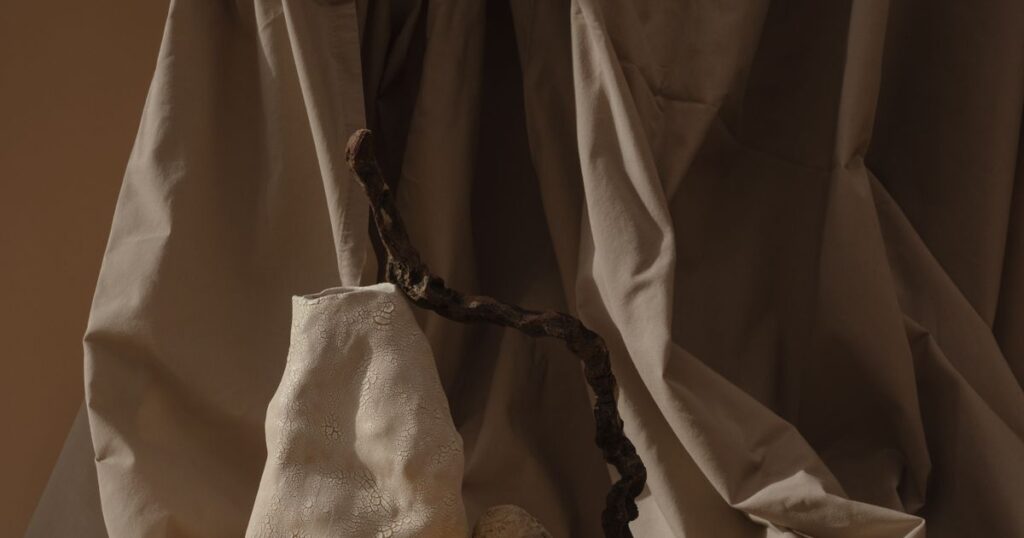 Draped cloth in warm brown with a pale ceramic form and a bare twisted branch